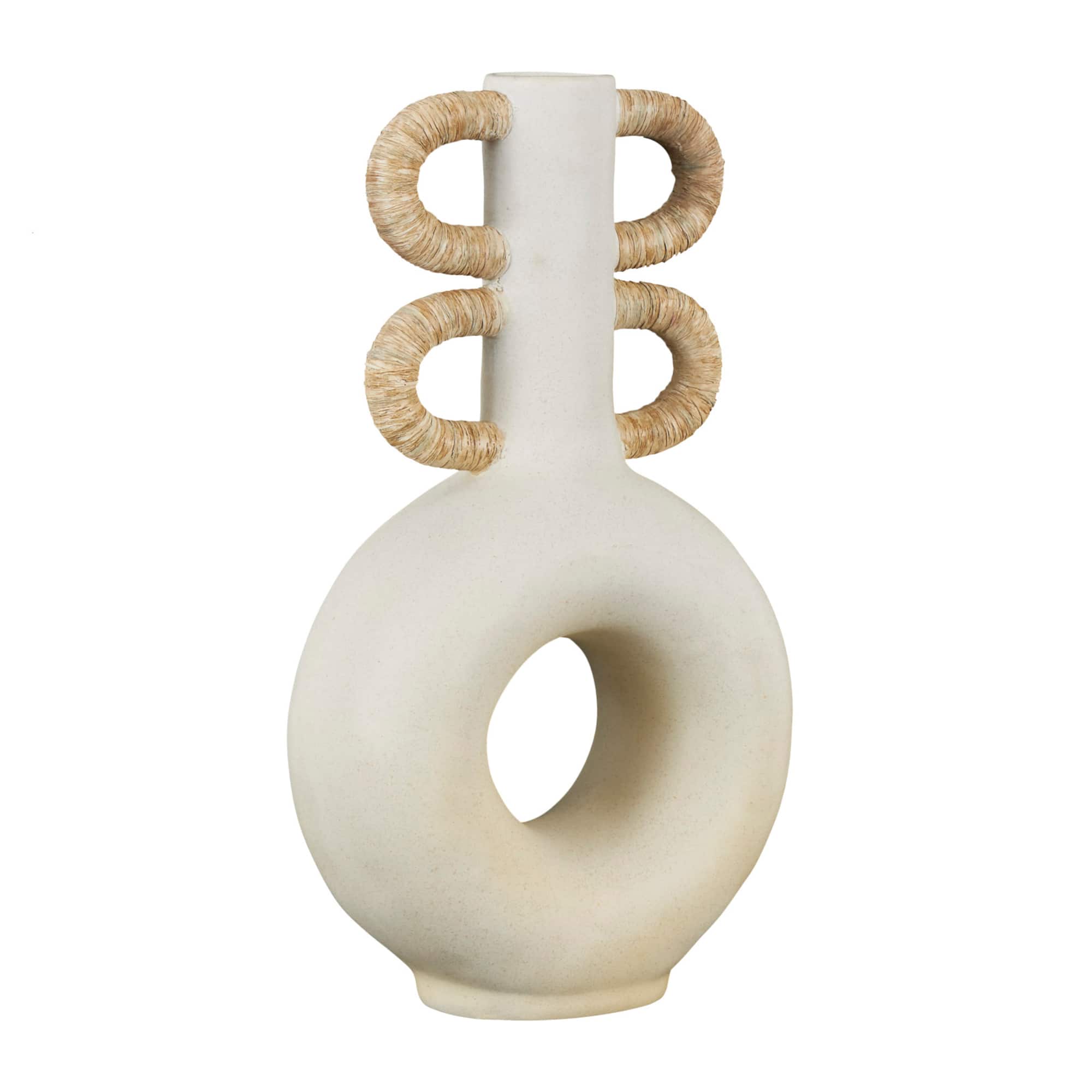 16" Cream Round Speckled Vase with Woven Inspired Arched Handles & Cutout Opening